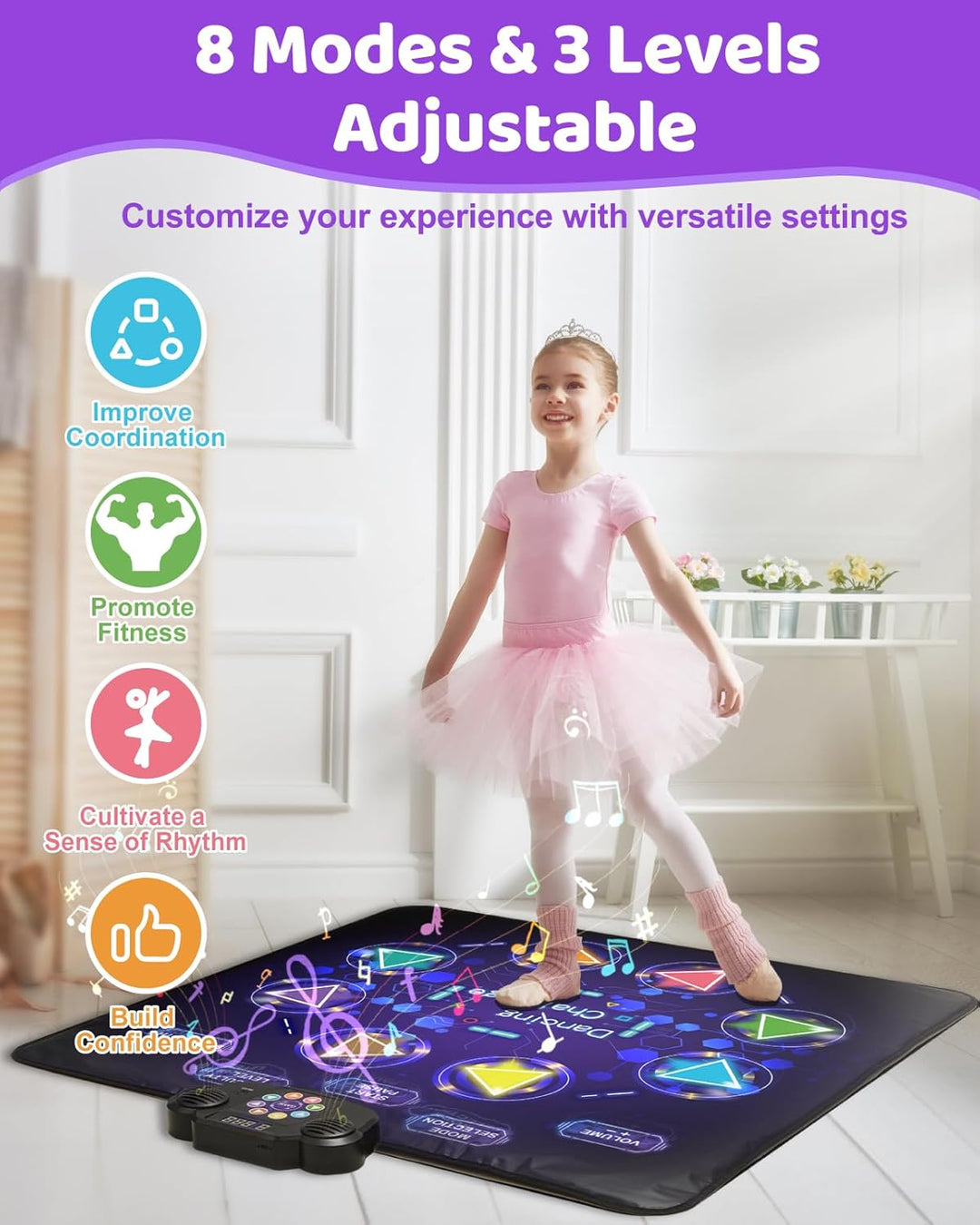 Tanzmatte Für Kinder, LED Licht-Tanzpad Mit 8 Tasten, Integrierter Musik, Bluetooth, 8 Modi, Kinder
