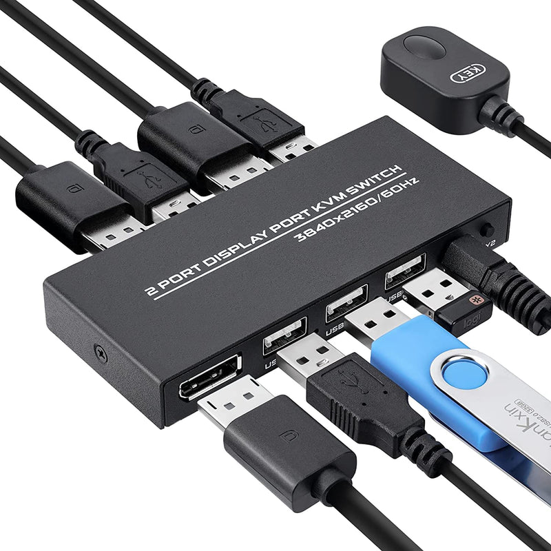 DP KVM Switch 2 Porte 4K @ 60Hz, DisplayPort USB KVM Umschalterfür für UHD Monitor Tastatur und Maus