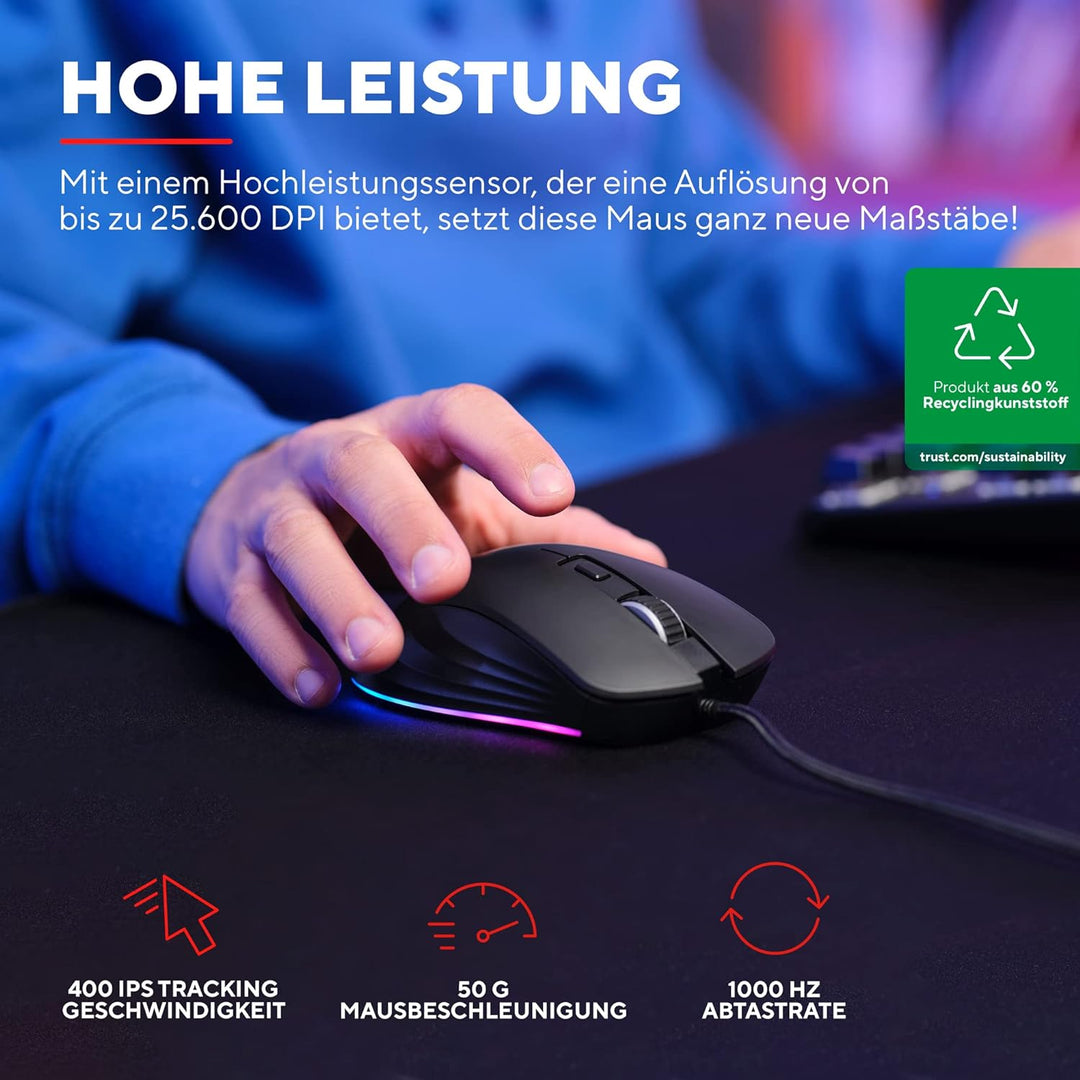 Trust Gaming GXT 924 Ybar+ Kabelgebundene Gaming Maus, 25600 DPI, 60% Recycelten Materialien, 6 Prog