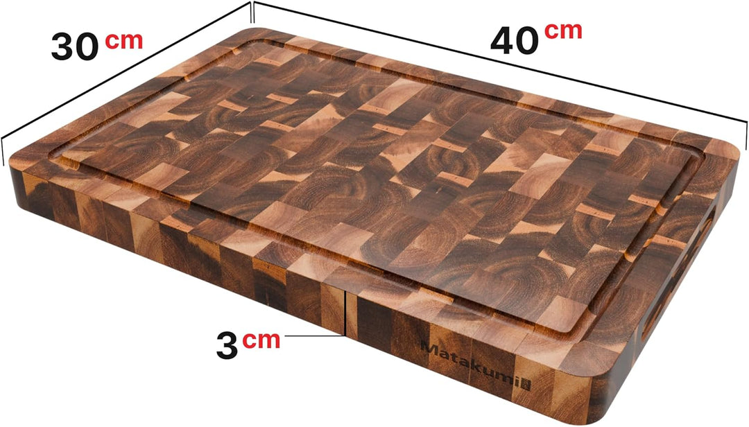 Matakumi Holzschneidebrett – Schneidebrett aus Holz aus Akazie mit Seitengriffen, Saftrille und Stir
