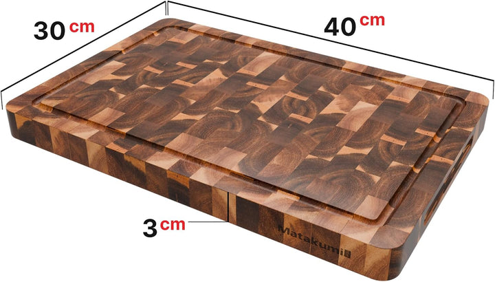 Matakumi Holzschneidebrett – Schneidebrett aus Holz aus Akazie mit Seitengriffen, Saftrille und Stir