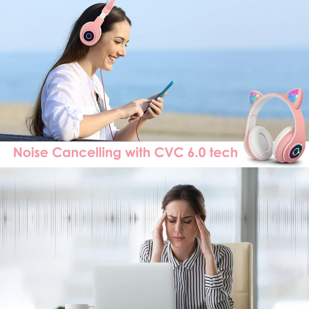 Sendowtek Bluetooth Kopfhörer für Kinder Mädchen Over Ear Niedlich Katzenohren LED Licht Kabellos Ko