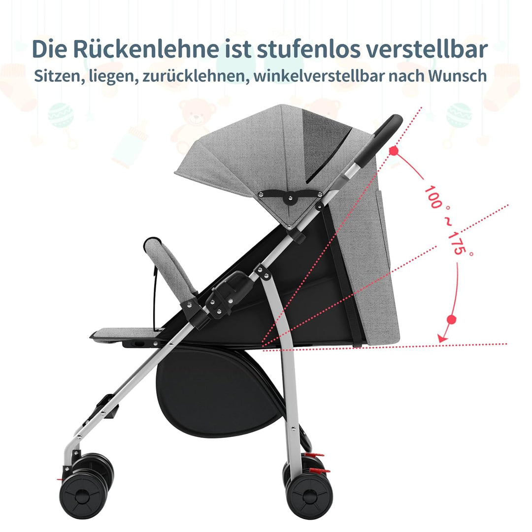 Kinderwagen Buggy Liegefunktion, Leichter 4-Rad Buggy ab 0–4 Jahre, Verstellbare Rückenlehne, Klein