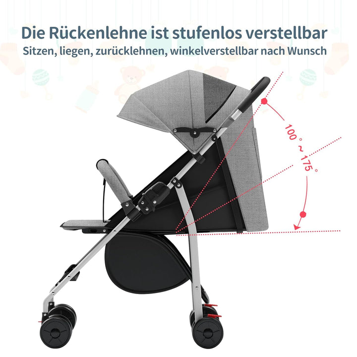 Kinderwagen Buggy Liegefunktion, Leichter 4-Rad Buggy ab 0–4 Jahre, Verstellbare Rückenlehne, Klein