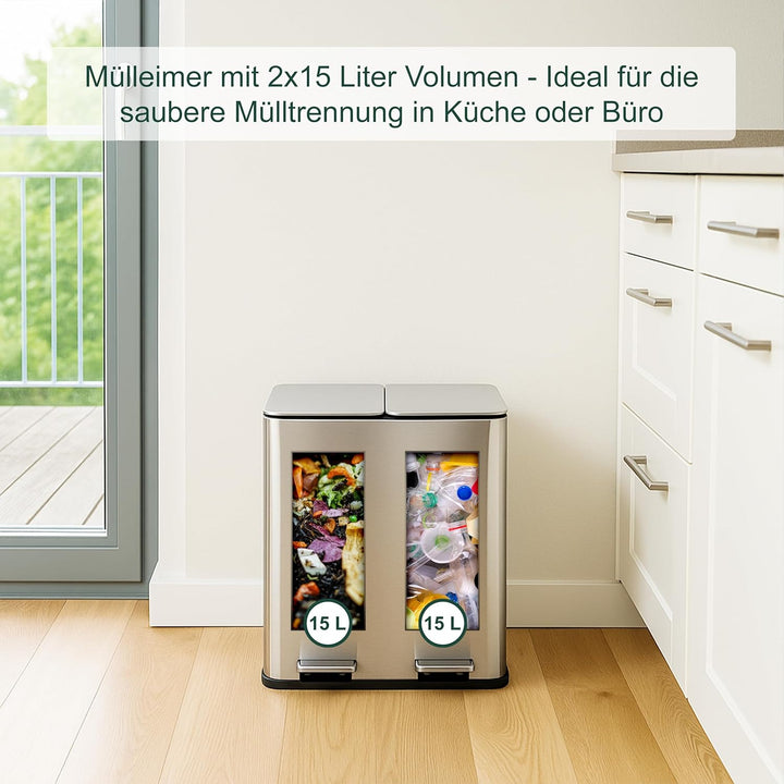 Relaxdays Mülleimer 2 x 15 Liter, Küchenmülleimer mit Geruchsfilter, Biomüll, Absenkautomatik und Tr