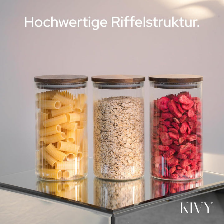 KIVY Riffel Vorratsgläser mit Deckel Luftdicht [3x 1200ml] - Vorratsdosen Glas mit Deckel - Glasbehä