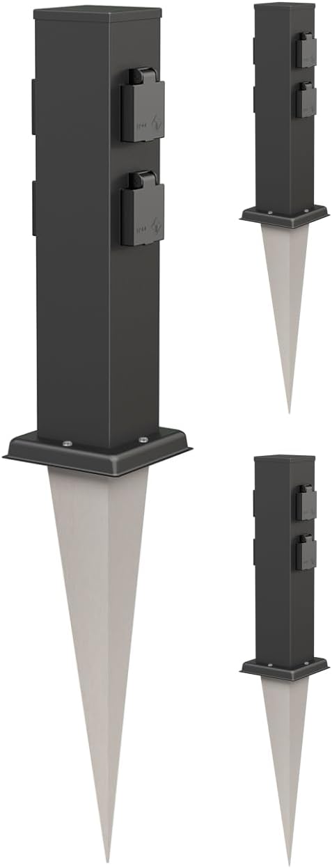 ledscom.de 3X Garten-Steckdosen-Säule Polly mit Erdspiess für aussen, 4-Fach, Edelstahl, eckig, schw