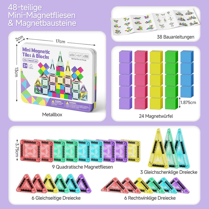 burgkidz Magnetbausteine und Magnetfliesen Reise-Set 48 Teile, 3-in-1-3,75 cm Magnetfliesen & 1,875