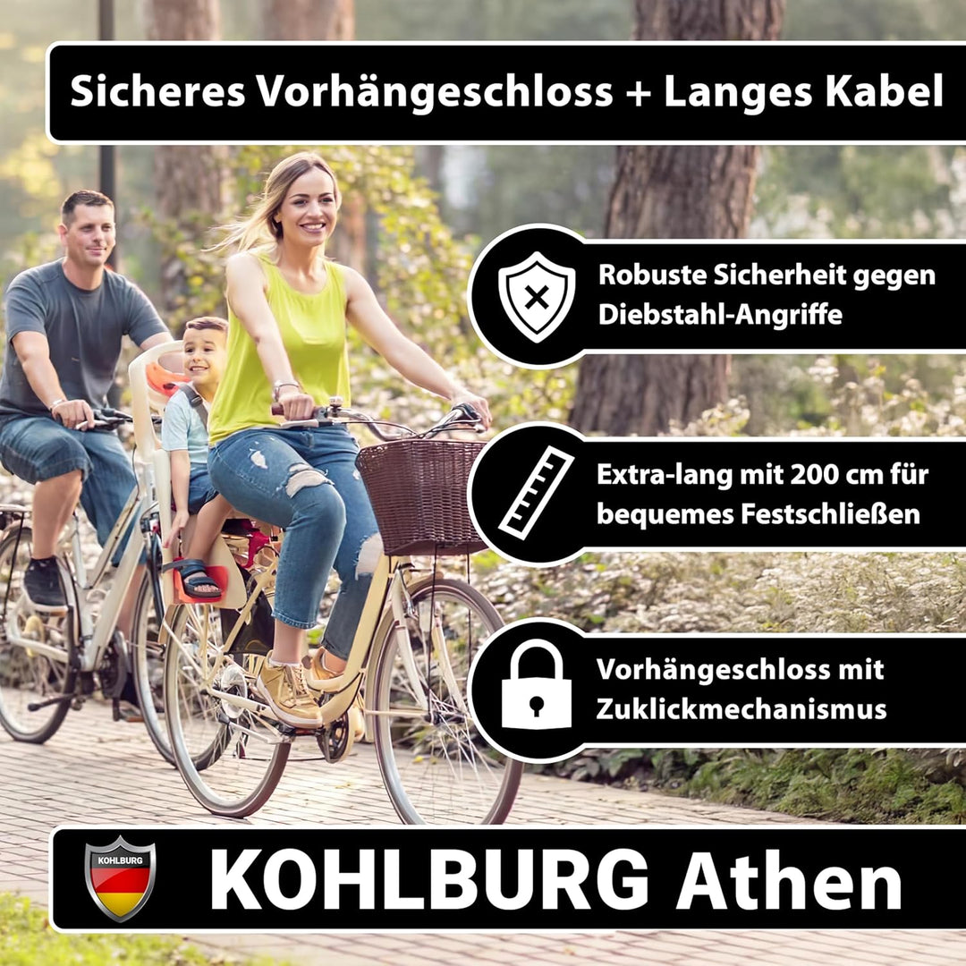 KOHLBURG Kabelschloss 2 Meter lang - Schloss einfach ohne Schlüssel abschliessbar - Stahlseil 2 m fü