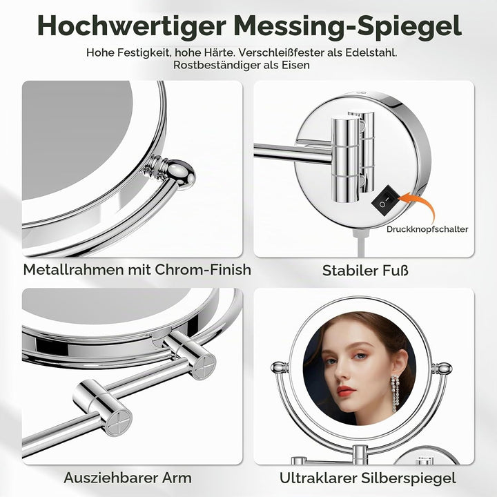 Nicesail Wand Kosmetikspiegel mit beleuchtung 10x - 360° Ausziehbare Drehung - Dünner Rahmen - mit S