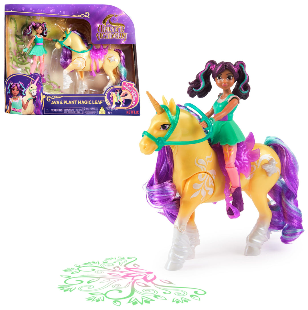 Unicorn Academy Set - Ava und Pflanzen-Magie Leaf mit echter Mähne und Schweif sowie magischer Leuch