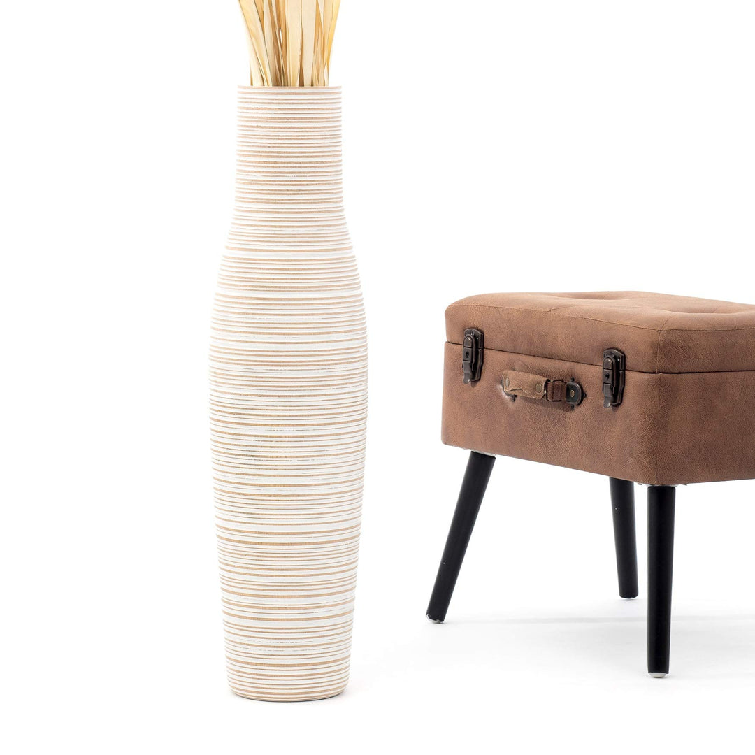 Leewadee Grosse Bodenvase für Dekozweige hohe Standvase Design Holzvase, Holz, 70 cm, White Wash 70