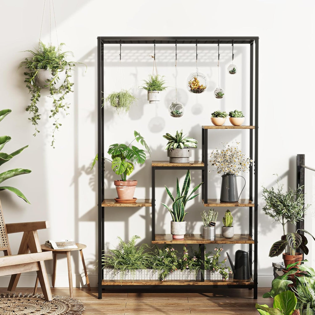 Indoor Pflanzenständer, 5 Etage 180 cm, Grosses Metall Pflanzenregal mit Haken zum Aufhängen, Multif
