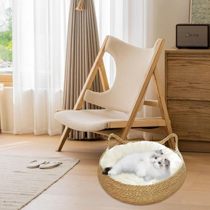 Katzenkorbbett, 17-Zoll-Strohkatzennest mit weichem Kissen, runde Kratzfeste Katzenbetten für Innenk