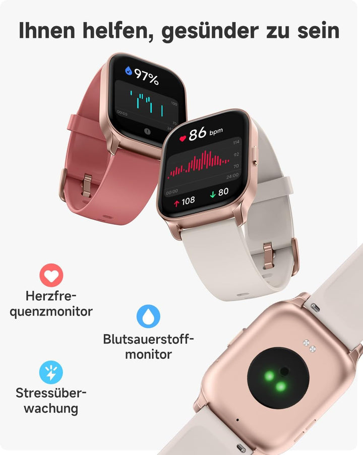 TOOBUR Smartwatch für Damen und Herren, Anrufe entgegennehmen/tätigen, Fitness-Tracker mit Herzfrequ