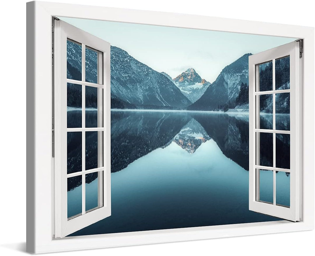 PICANOVA – Bild auf Leinwand Bergsee Plansee Fenster 120x80cm Leinwandbild – Premium Leinwanddruck –