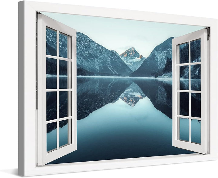 PICANOVA – Bild auf Leinwand Bergsee Plansee Fenster 120x80cm Leinwandbild – Premium Leinwanddruck –
