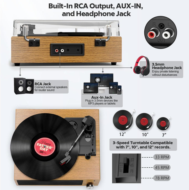 FYDEE Plattenspieler, Bluetooth 5.4 Schallplattenspieler mit Einstellbarer Auflagekraft, 2x3W Stereo