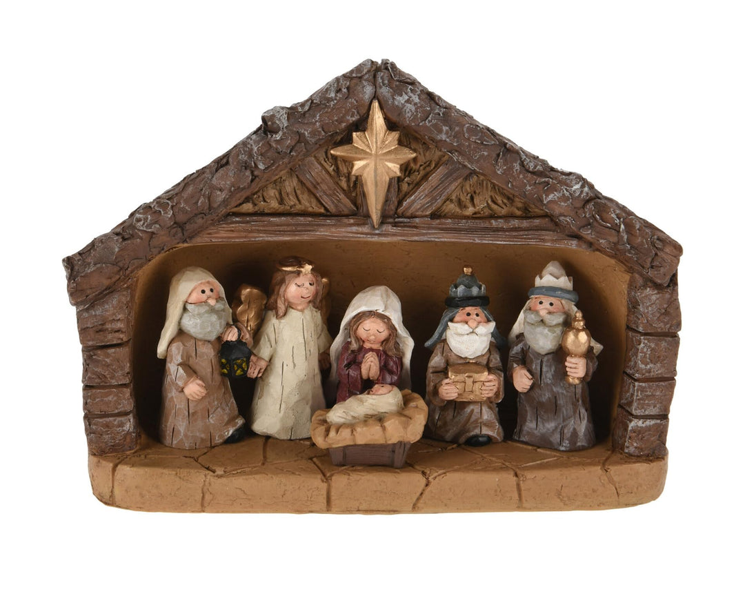 Spetebo Weihnachtskrippe aus Kunststein mit 6 bemalten Figuren - 18 cm - Krippenstall für Weihnachts
