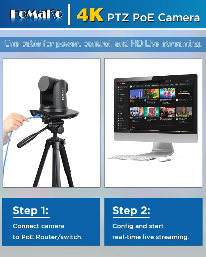 FoMaKo 4K PTZ NDI HX3 Kamera 20x Optischer Zoom, KI Auto-Tracking, 3G-SDI HDMI LAN PoE USB3.0 Live S