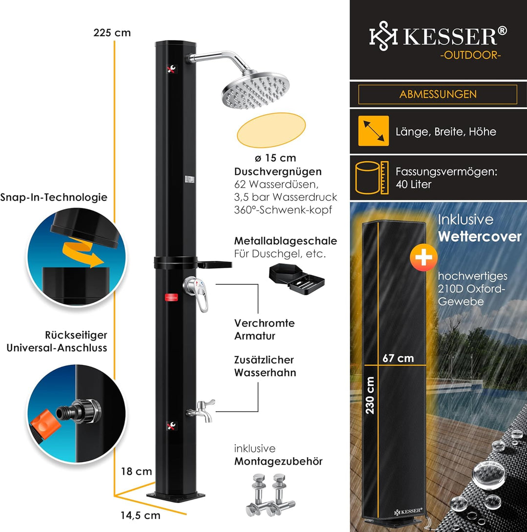 KESSER® Solardusche 40 Liter Solar Gartendusche | warmes Wasser | max. 60°C | Inkl. Schutzhaube | oh