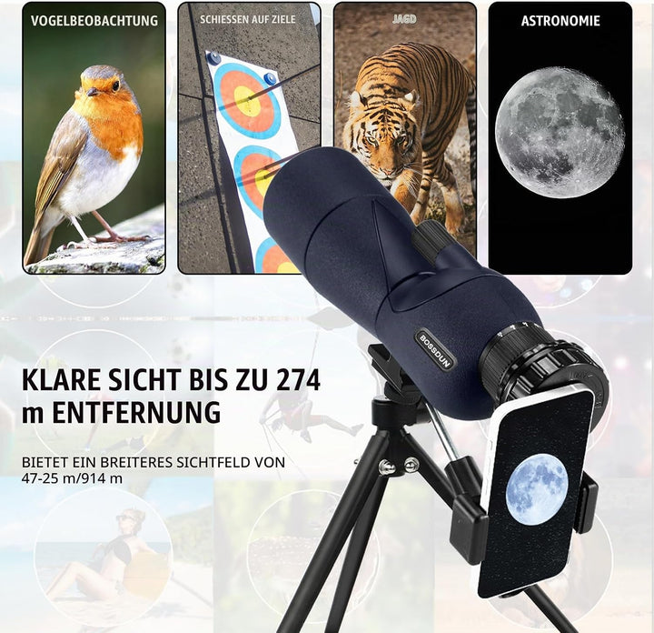 25-75X Spektive mit Stativ, Zoom Wasserdichtes BAK4 Prisma-Monokular-Teleskop für Vogelbeobachtung,