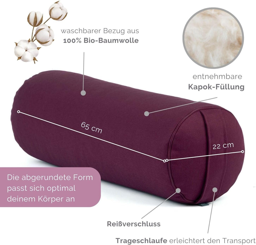 Bodhi Yoga Bolster | ECO Serie | Yogarolle mit Kapok-Füllung | Waschbarer Bezug aus 100% Bio-Baumwol