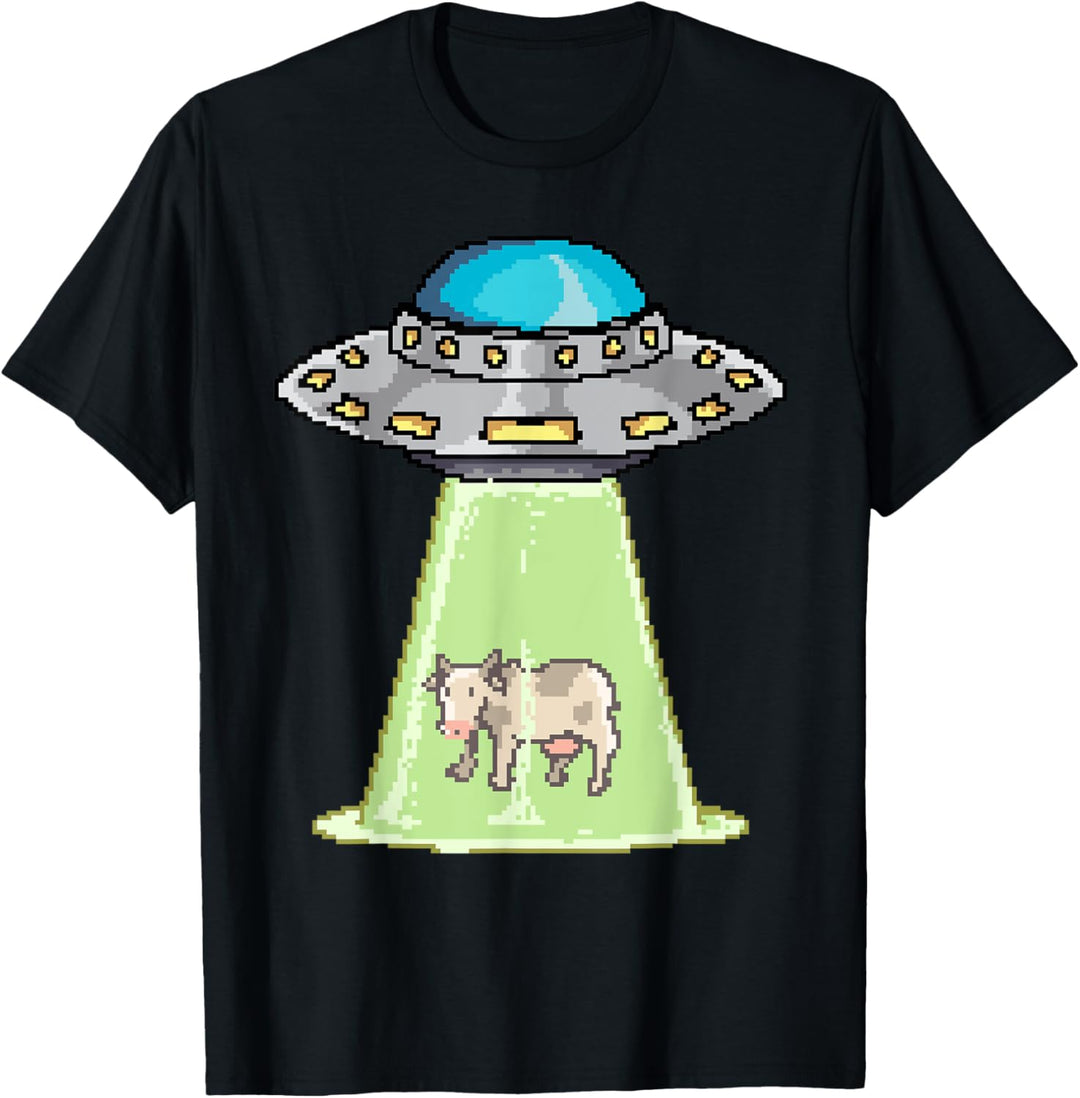 Ufo Alien Takes Cow Retro Pixel Art T-Shirt