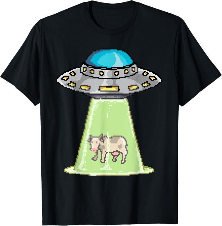 Ufo Alien Takes Cow Retro Pixel Art T-Shirt