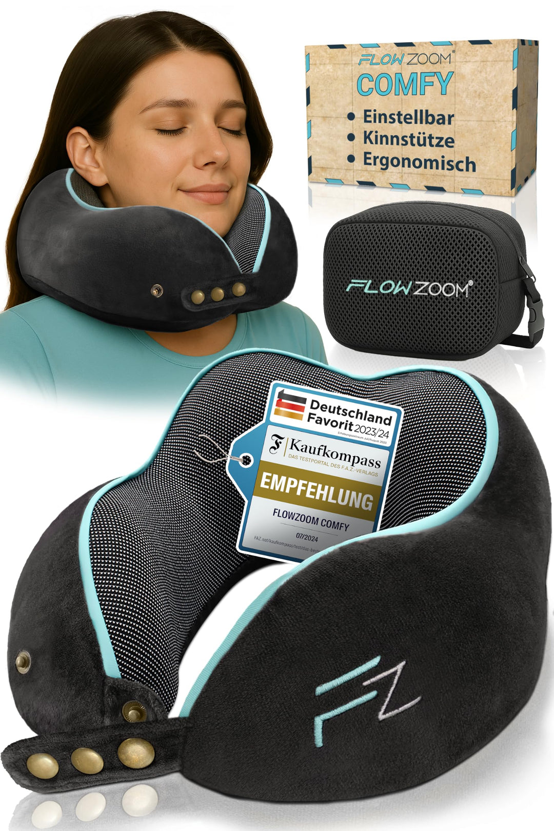 FLOWZOOM Comfy Nackenkissen für Flugzeug & Auto - Einstellbares Memoryschaum Nackenhörnchen mit flex