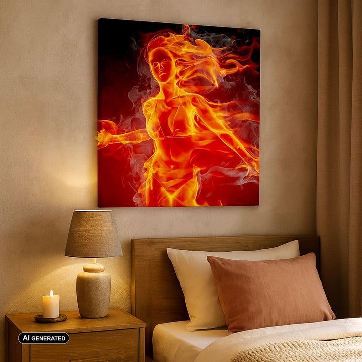 Bilder auf Leinwand 70x70cm Leinwandbild Frau Flammen Illustration Gross Wanddeko Bild Schlafzimmer