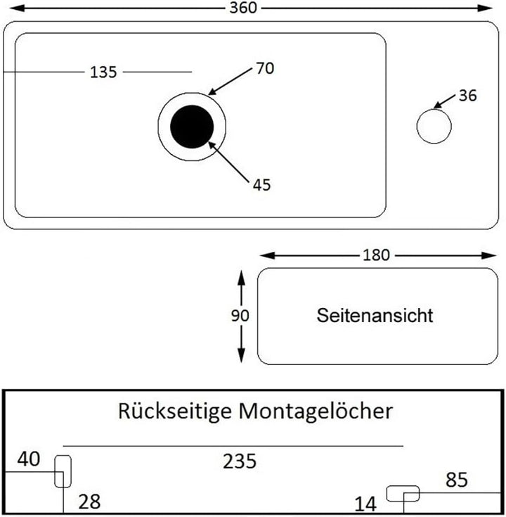 Mini Hänge-Waschbecken NEG Uno41H extra klein 36x18cm rechteckig Armatur-Loch rechts Montage-Materia