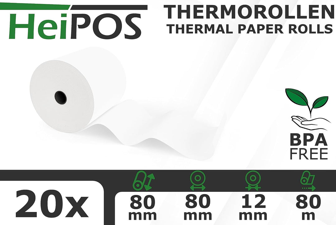HeiGroup - HeiPOS 20x Thermorollen BPA frei (B/Ø) 80mm / 80mm - Länge 80m, Kern Ø 12mm, Flächengewic