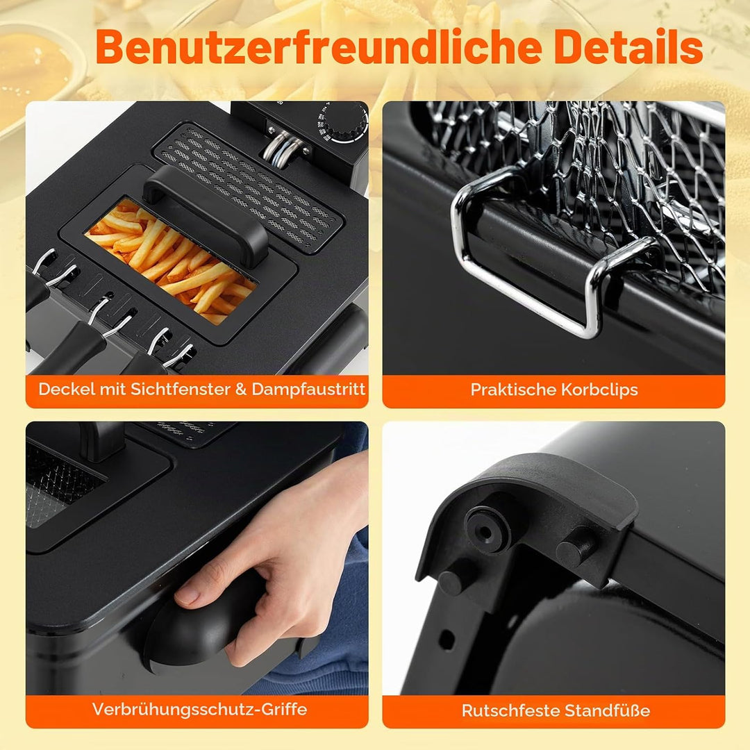 LIFEZEAL Elektrische Fritteuse 5L, Doppel Ölfritteuse mit Sichtfenster, 1700 W Fettfriteuse mit eins