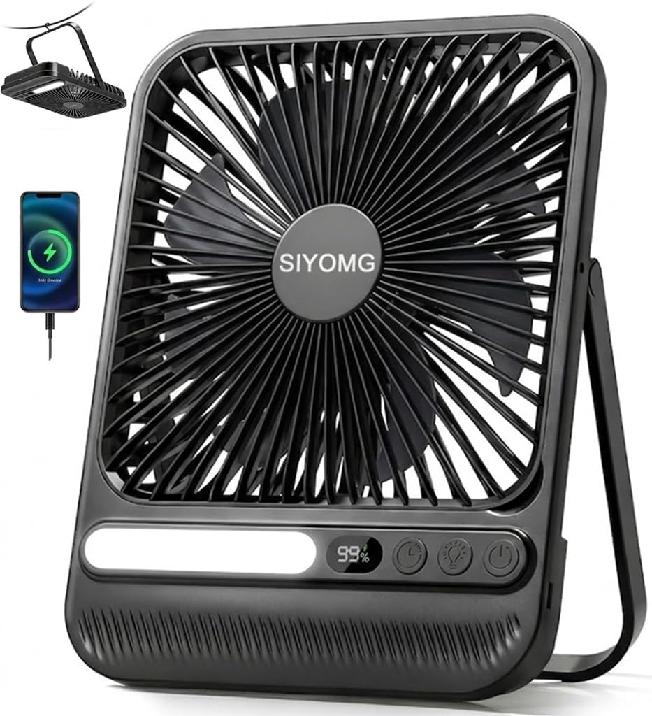 10000mAh Akku Ventilator, Sehr Leiser Tischventilator mit Lampe, 23 cm hoch, bis zu 28 Std. Laufzeit