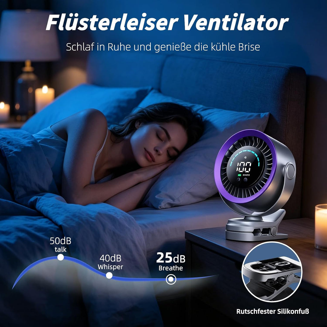 Clip Ventilator, Tragbarer Tischventilator Akku, 5 Geschwindigkeiten Leise Ventilator mit LED Displa