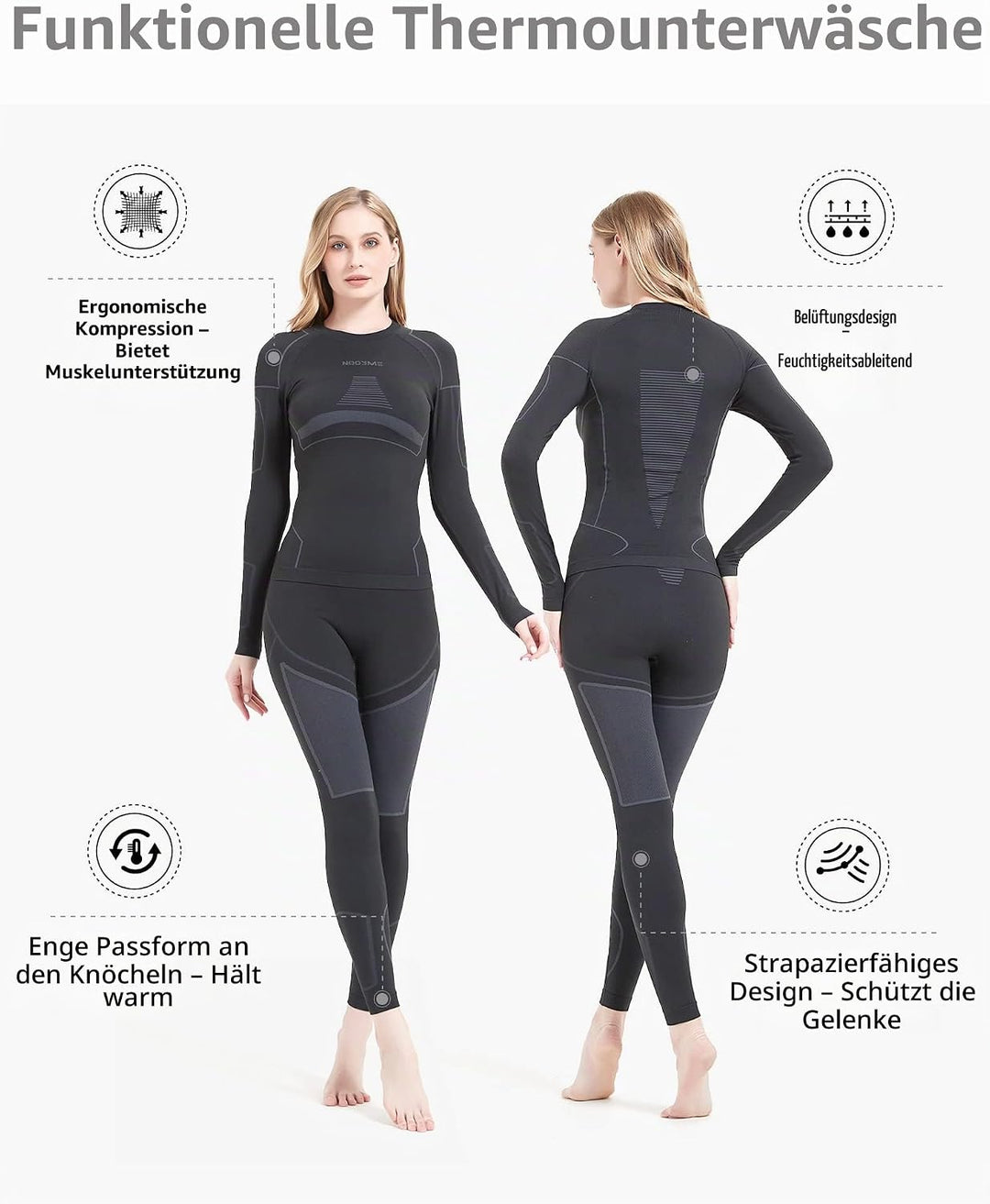 NOOYME Thermounterwäsche Damen Atmungsaktiv und Thermowäsche Set Funktionswäsche Damen Anti-bakterie