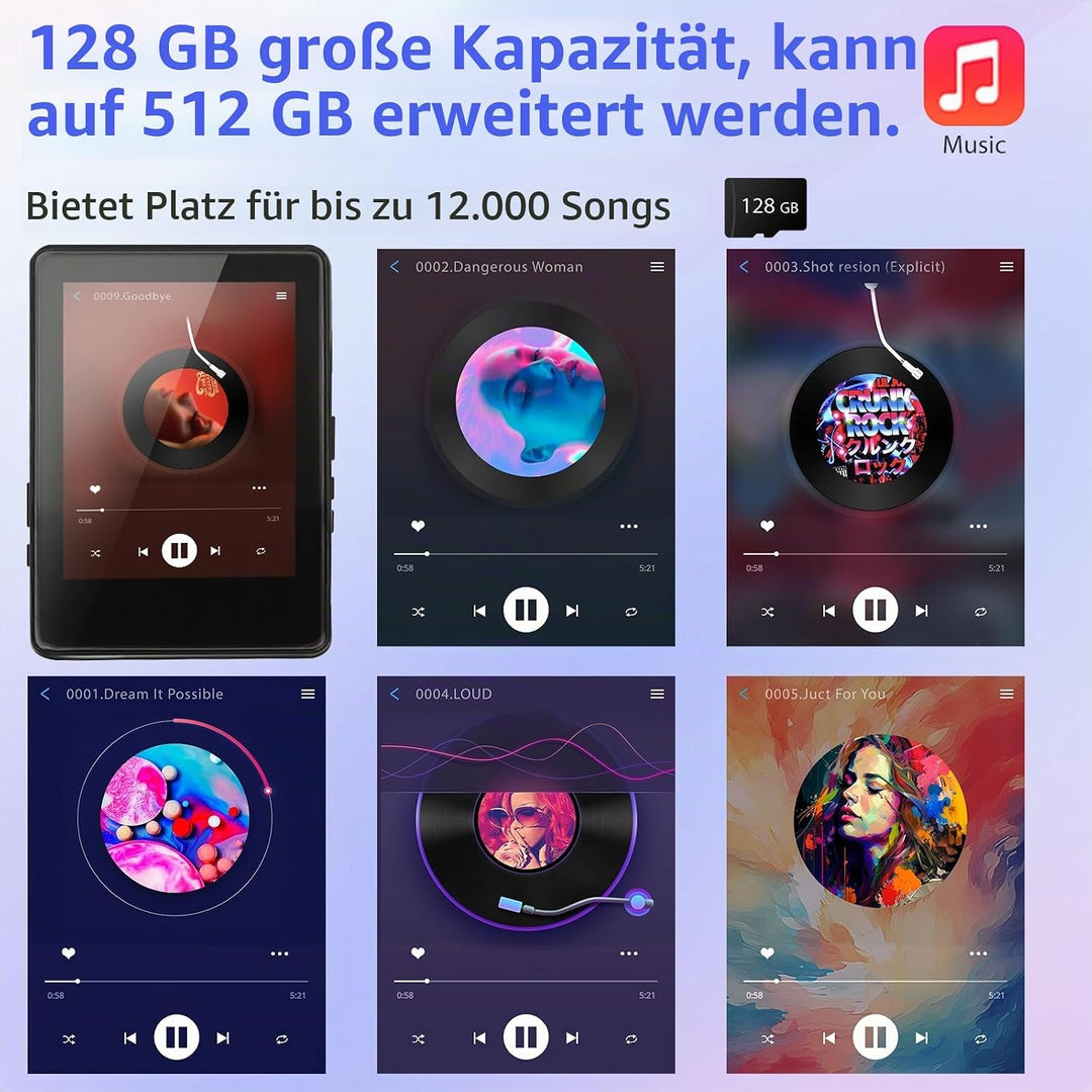 Taichaeu 64GB MP3 Player mit Bluetooth - 2.4 in Full Touch Screen, FM Radio, Recorder, HiFi Sound, O