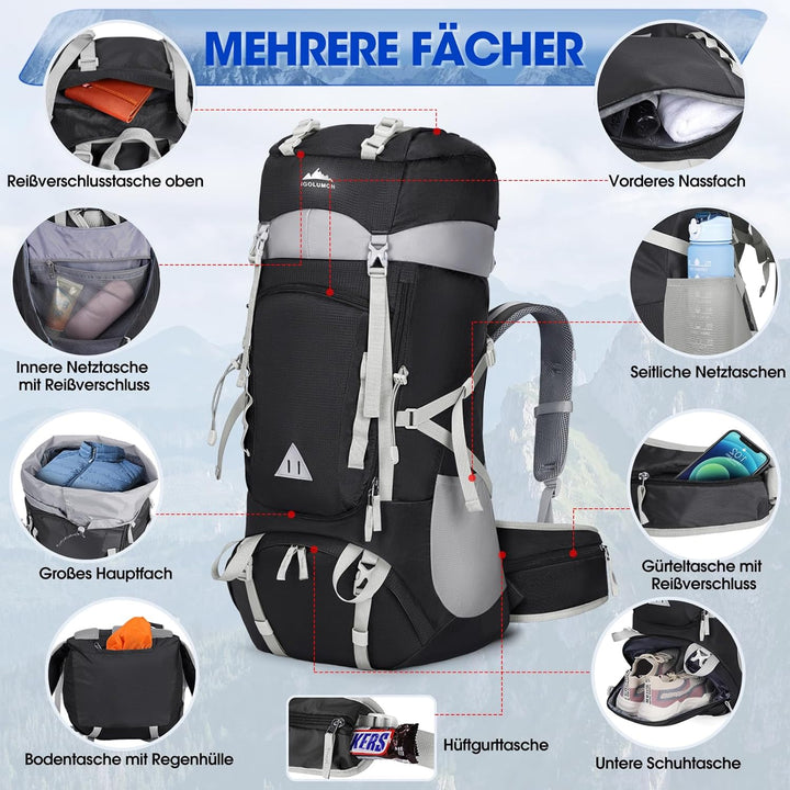 IGOLUMON Wanderrucksack 60L Herren Damen Trekkingrucksack Reiserucksack Grosser Wasserdicht Wandern