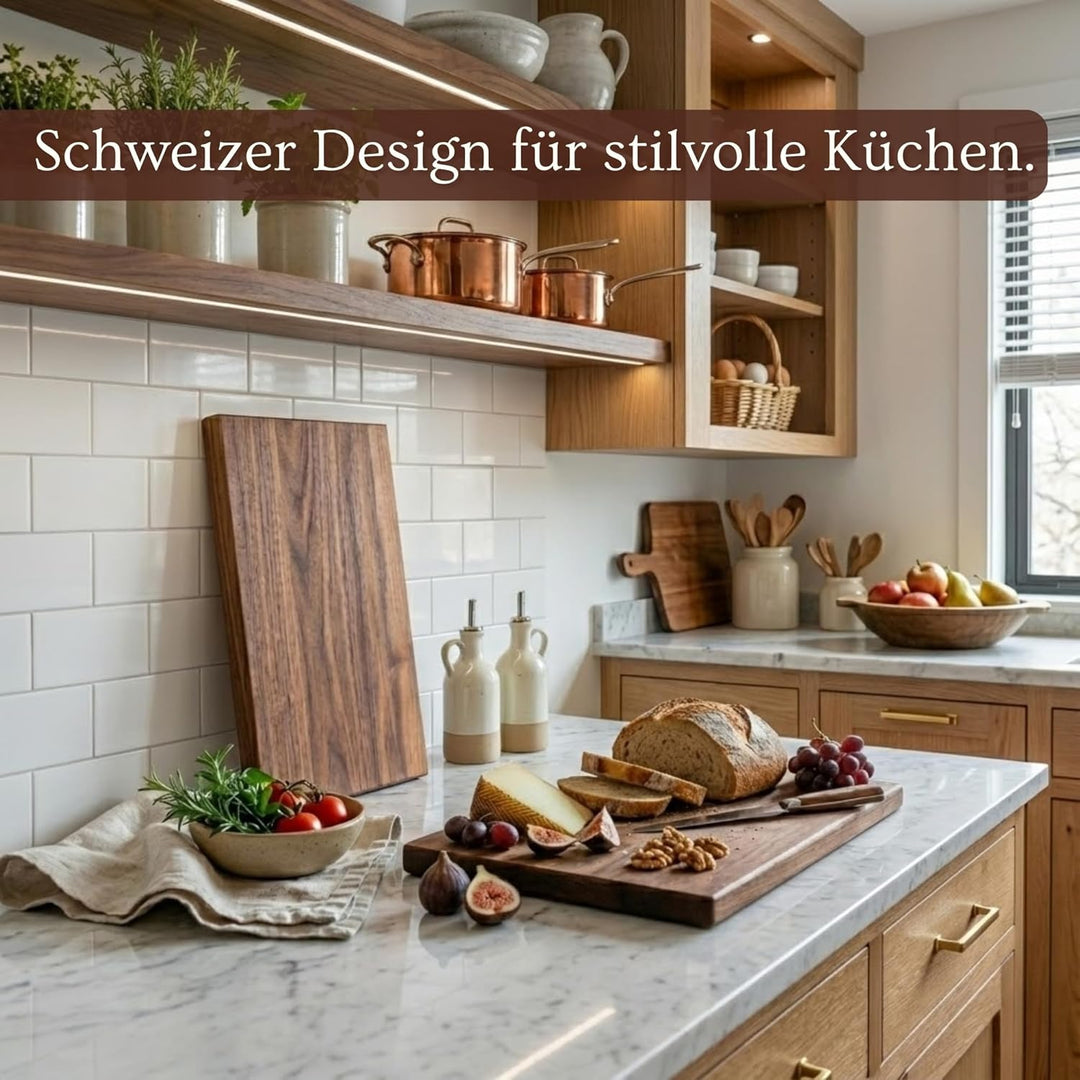 PAVLOVA’S Schweizer Nussbaum Servierbrett 49 × 18 cm – Massiver Nussbaum mit Griff und Aufhängeloch
