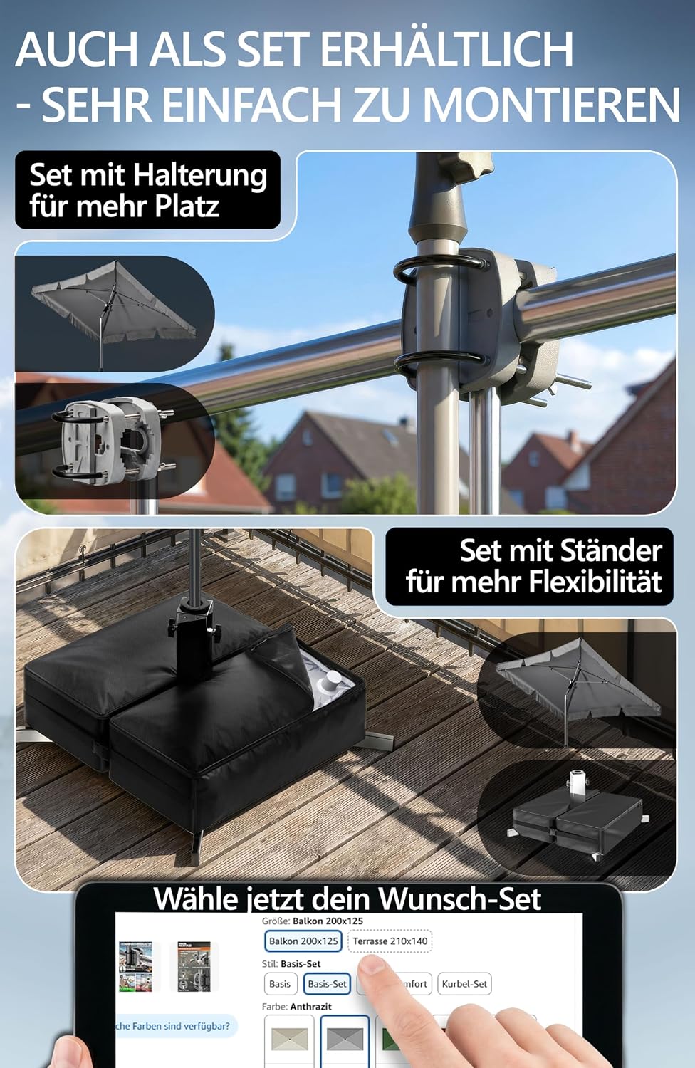 4smile Sonnenschirm Balkon in Anthrazit - Sonnenschirm rechteckig 200x125cm mit UV50+ Sonnenschutz |