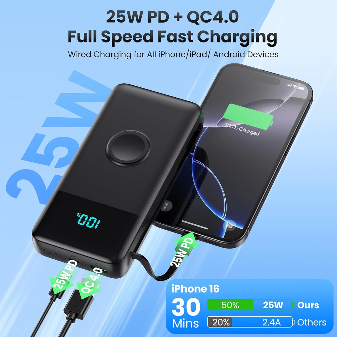 Power Bank 26800mAh mit i-Watch Ladegerät, 25W PD+QC4.0 Powerbank mit 2 Kabel Schnelles Aufladen USB