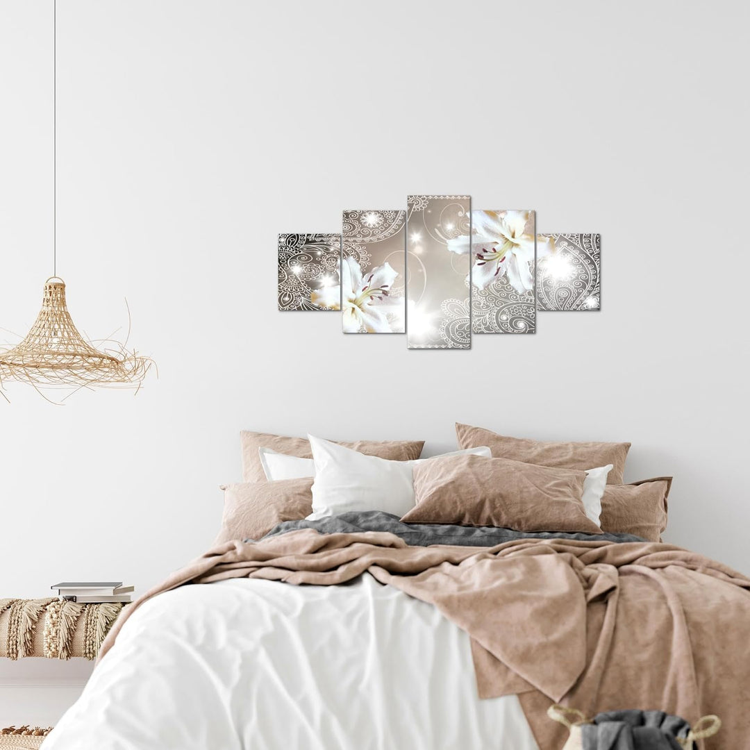 Runa Art Wandbilder Blumen Lilien 5 Teilig Bild auf Vlies Leinwand Deko Wohnzimmer Abstrakt Beige 00
