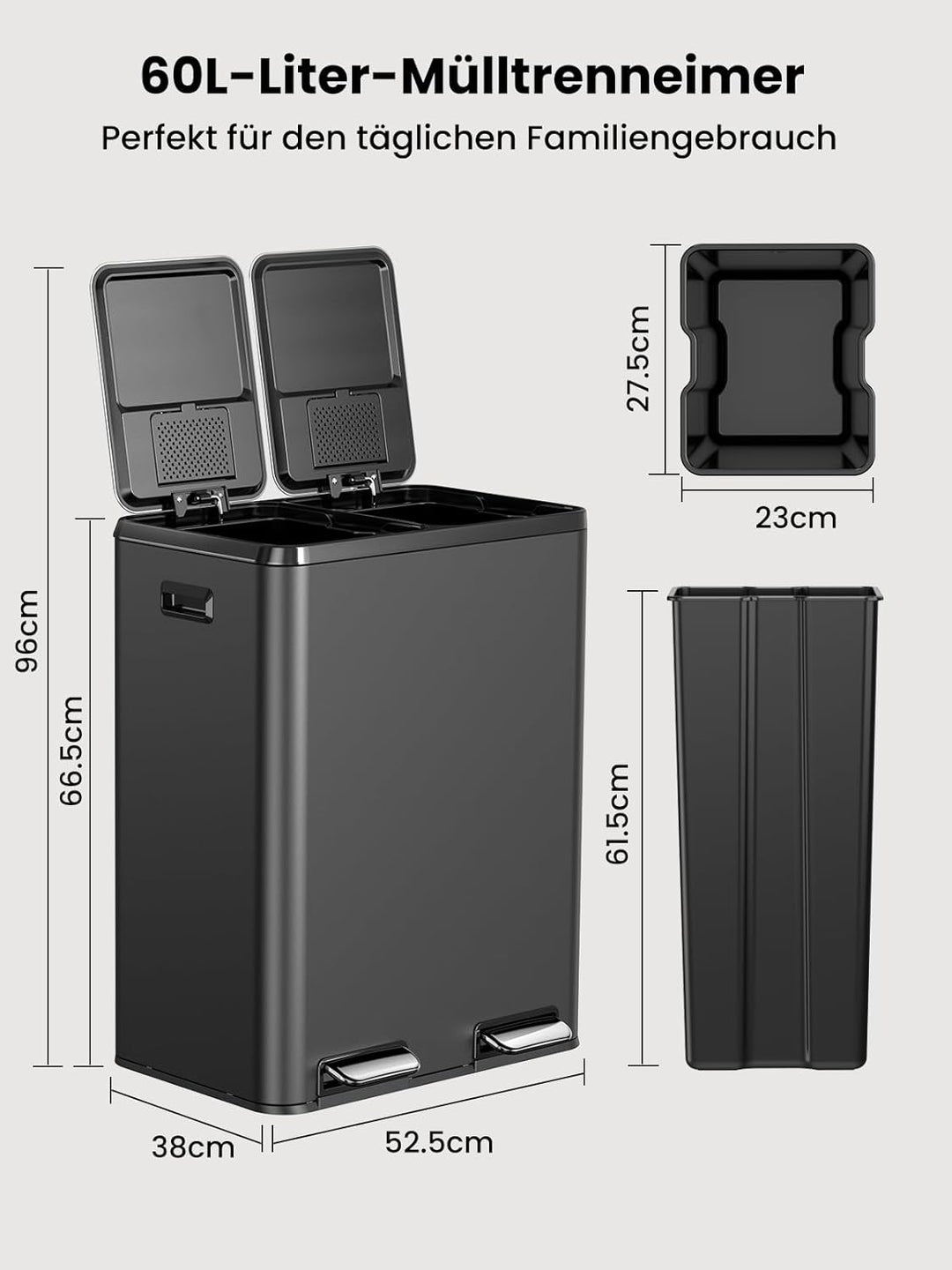 YEAUPE PRO Mülleimer Küche 2x30L Edelstahl, 60L Schwarz Doppel Treteimer Mülltrennung, Abfalleimer m