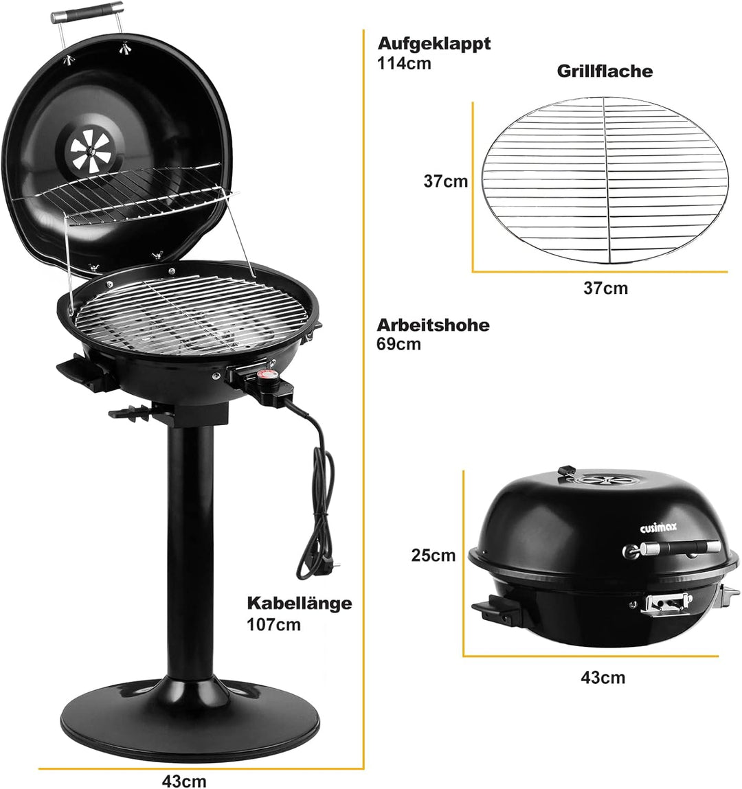 CUSIMAX Elektrogrill Standgrill mit Deckel und Standfuss, Regulierbare Temperatur und Fettauffangsch