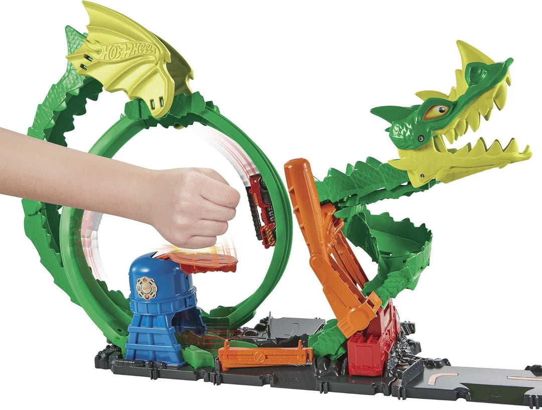 Hot Wheels City Drachenangriff Spielset, besiege den Drachen mit Stunts, lässt sich mit anderen Sets
