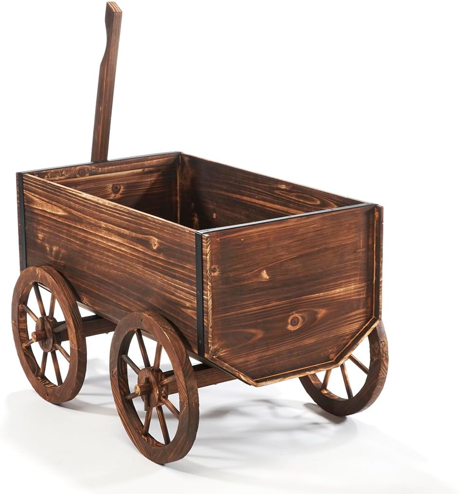 Kobolo Holzwagen Jakob | 69x40x70 cm | braun | rustikaler Pflanzwagen aus Tannenholz mit Griff & Räd