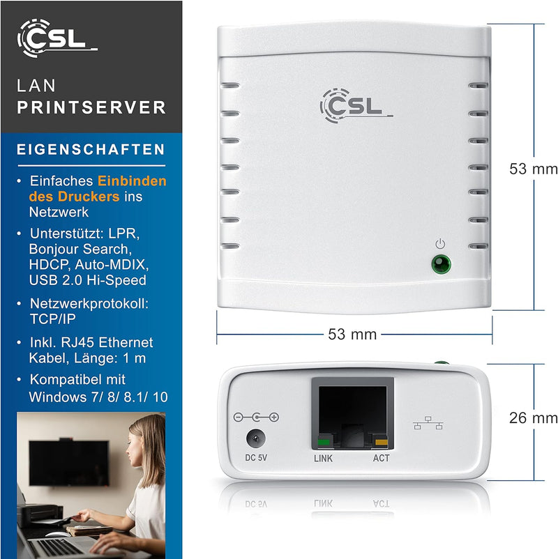 CSL - LAN Printserver Druckerserver - Fast Ethernet - USB2.0 High Speed - LRP Print Server für Windo