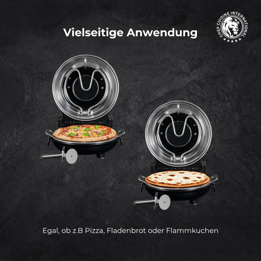 CHEF CUISINE Pizza Maker mit Keramikstein Ø 31 cm – Elektrischer Pizzaofen mit 1.200 Watt, Sichtfens