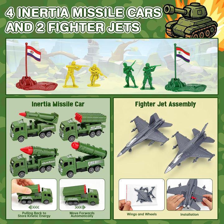 deAO Militär-Spielzeugset 78-teilig, Soldat Flugzeuge Schiffe Raketenwagen | 30 grüne + 30 gelbe Sol